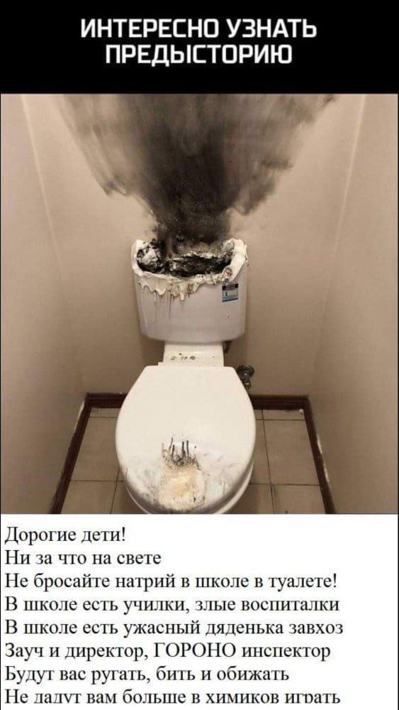 ИНТЕРЕСНО УЗНАТЬ ПРЕДЫЕТПРИЮ Дорогие дети Ни за что на свете Не бросайте натрий в школе в туалете В школе есть училки злые воспиталки В школе есть ужасный дяденька завхоз Зауч и директор ГОРОНО инспектор Будут вас ругать бить и обижать Не дадут вам больше в химика играть