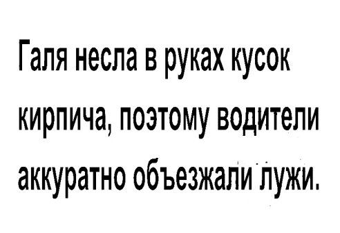 Галя несла в руках кусок кирпича поэтому водители аккуратно объезжалипужи