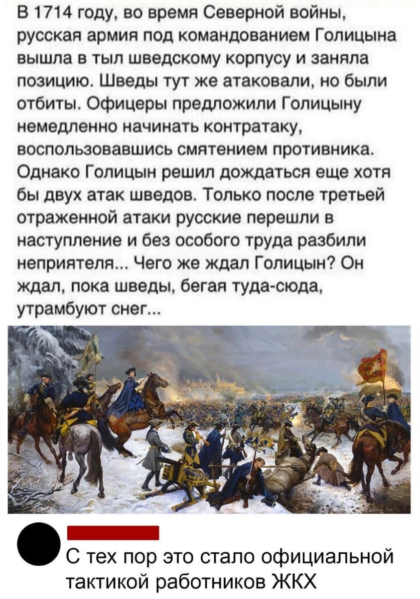 В 1714 году во время Северной войны русская армия под командованием Голицына вышла в тыл шведскому корпусу и заняла позицию Шведы тут же атаковали но были отбиты Офицеры предложили Голицыну немедленно начинать контратаку воспользовавшись смятением противника Однако Голицын решил дождаться еще хотя бы двух атак шведов Только после третьей отраженной атаки русские перешли в наступление и без особого