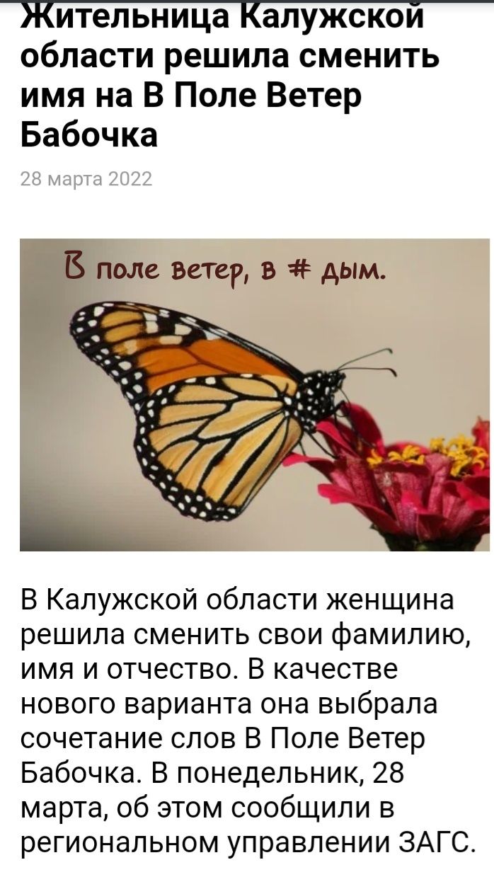 области решила сменить имя на В Поле Ветер Бабочка В поле ветер в дым В Калужской области женщина решила сменить свои фамилию имя и отчество В качестве нового варианта она выбрала сочетание слов В Поле Ветер Бабочка В понедельник 28 марта об этом сообщили в региональном управлении ЗАГС
