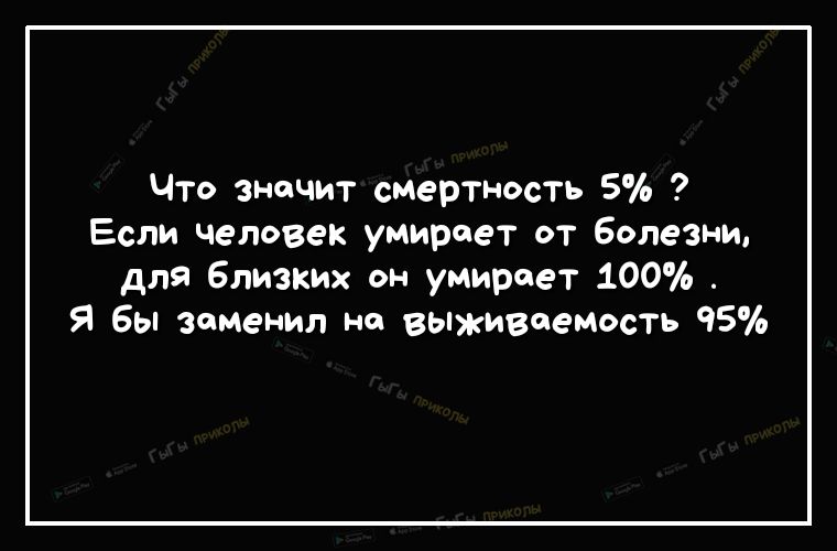 Что значит смертность 5 Если человек умирает от болезни для 6пизки он умирает 100 Я бы заменил но выживаемость 95