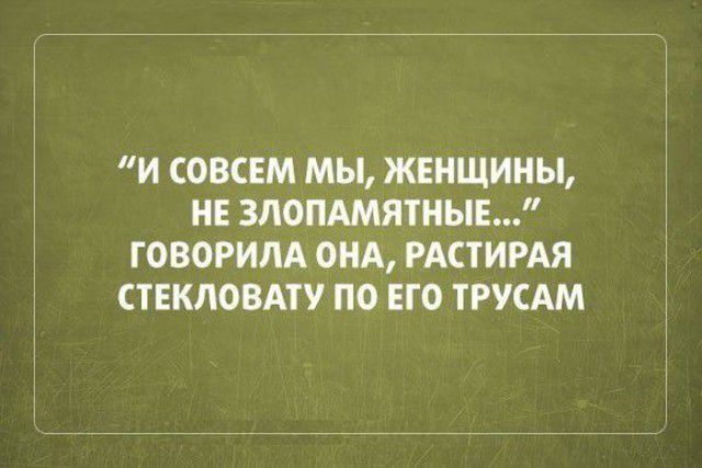 И СОВСЕМ МЫ ЖЕНЩИНЫ НЕ ЗЛОПАМЯТНЫЕ Г ОВОРИЛА ОНА РАСТИРАЯ СТЕКЛОВАТУ ПО ЕГО ТРУСАМ