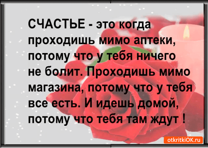 СЧАСТЬЕ это когда проходишь мимо аптеки потому что умбяТ Гйчего не болит Проходишь мимо магазина пот к у тебя все есть И ид мой потому что тебя м ждут _