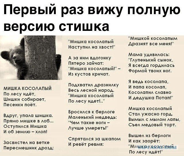 Первый раз вижу полную версию стишка МИШКА КОСОААПЫЙ По Аесу ИАет Шишки собирает Песенки поёт Вдруц упаш шишка Прямо мишке 5 ОступиАся Мишка и об земмо хлоп ЗасвистеА нп ветке Пересмешник АровАі Мишка косоАапый Наступм на хвост А за ним вАогомку Пятеро зайчпт Мишка косаппый и кустов кричат ПоАхватид Аразнмку Весь Аесиой народ Мишка косоАапый По Аесу идет Бросился берлоге МаАеиький меАвеАь Чем таки