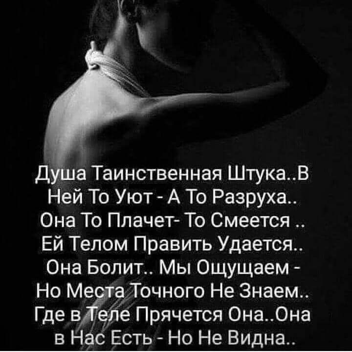 а Таинственная ШтукаВ Ней То Уют А То Разруха Она То Плачет То Смеется Ей Телом Править Удается Она Болит Мы Ощущаем Но Мета Точного Не Знаем Где вЁле Прячется Она Она в Нас Есть Но Не Видна