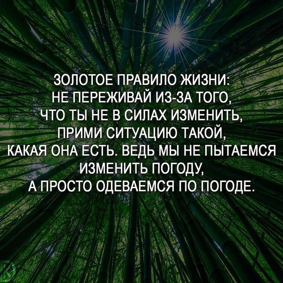 ЗОЛОТОЕ ПРАВИЛО ЖИЗНИ НЕ ПЕРЕЖИВАЙ ИЗ ЗА ТОГО ЧТО ТЫ НЕ В СИЛАХ ИЗМЕНИТЬ ПРИМИ СИТУАЦИЮ ТАКОЙ КАКАЯ ОНА ЕСТЬ ВЕДЬ МЫ НЕ ПЫТАЕМСЯ ИЗМЕНИТЬ ПОГОДУ А ПРОСТО ОДЕВАЕМСЯ ПО ПОГОДЕ