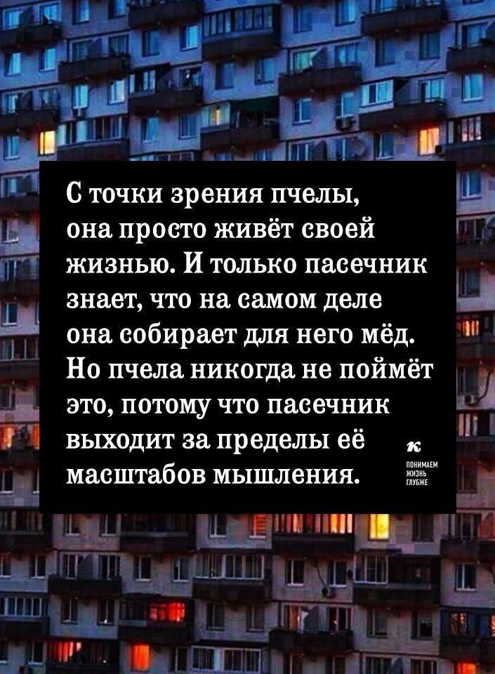 МАЩМЩі ш С точки зрения пчелы ш _ она просто живёт своей Г П жизнью И только пасечник знает что на самом деле Ц она собирает для него мёд Но пчела никогда не поймёт Ъ это потому что пасечник 4 ТЧ выходит за пределы её ппииюіи масштабов МЬЦЦЛЗНИЯ 52 ёё ьі Еічш пимва __ к Мытіщдьы_ьш На