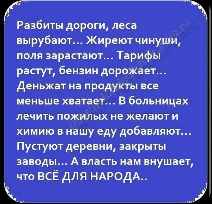 Разбить дороги лес вырубают Жичреют чи нуши поля варіант Тарифы растут бензин дорожает деньжат на продукты все мсньшч хитпт В больницах лечить пожитки нп жемт и химию нашу еду добавляют Пустуют даре вни икры гы заводы А влить ням внушает что всё для нжедр