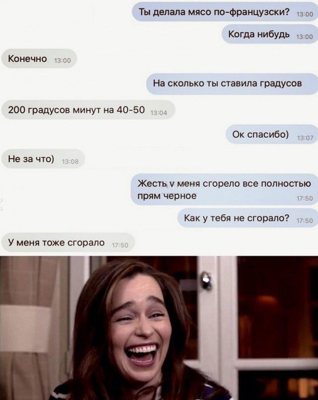 Ты делала мясо по Французски 13 00 Когда нибудь с Конечно На сколько ты ставила градусов 200 градусов минут на 4050 Ок спасибо Не за что ЖЕСТЬУ МЕНЯ сгорело все ПОЛНОСТЬЮ прям черное Как у тебя не сгорапо У меня тоже сгорапо