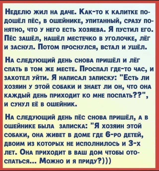 Неделю жил нА дАче КАк то к кдлитке по дошёл пёс в ошейнике упитАнный сРАзу по нятно что у него есть хозяевА Я пустил его Пёс ЗАШЁЛ ндшёл местечко в уголочке лёг и здснул Потом проснулся жил и ушёл НА следующий день сном пришёл и лёг спдть в том же месте Проспдл где то чдс и ЗАХОТЕЛ уйти Я нАписАл 3Аписку Есть ли хозяин у этой сон и зип ли он что онА пятый день приходит ко мне поспдть и сунул её в