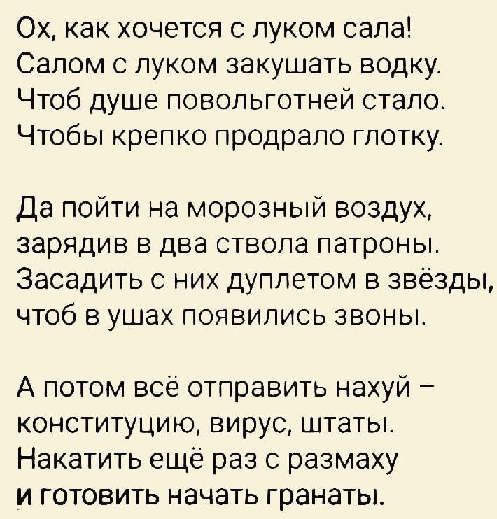 Ох как хочется с луком сала Салом с луком закушать водку Чтоб душе повольготней стало Чтобы крепко продрало глотку Да пойти на морозный воздух зарядив в два ствола патроны Засадить с них дуплетом в звёзды чтоб в ушах появились звоны А потом всё отправить нахуй конституцию вирус штаты Накатить еще раз с размаху и готовить начать гранаты