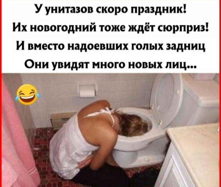 Уунитазов скоро праздник Их новогодний тоже ждёт сюрприз И вместо надоевших голых задниц Они увидят много новых лиц __