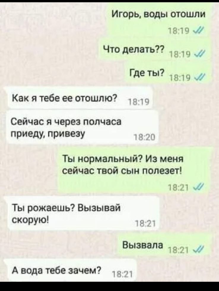 Игорь воды отошли и Что делать __1 _ 7 Где ты Как я тебе ее отошлю Сейчас я через полчаса приеду привезу Ты нормальный Из меня сейчас твой сын полезет а у Ты рожаешь Вызывай скорую Вызвала _ А вода тебе зачем 3 у