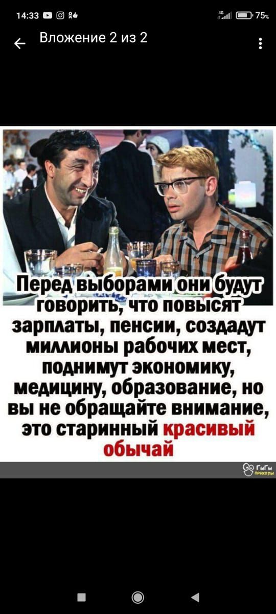 1433 В г 75к _ Вложение 2 из 2 Перед выборами они будут говорить что повысят зарплаты пенсии создадут мимионы рабочих мест поднимут экономику медицину образование но вы не обращайте внимание это старинный красивый обычай