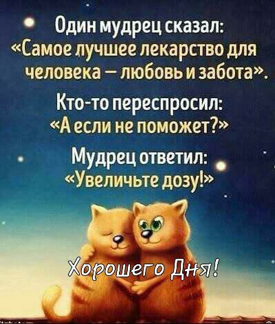Один мудрец сказал Самое лучшее лекарство для человека любовь и забота Ктото переспросил А если не поможет Мудрец ответил Увеличьте дозу