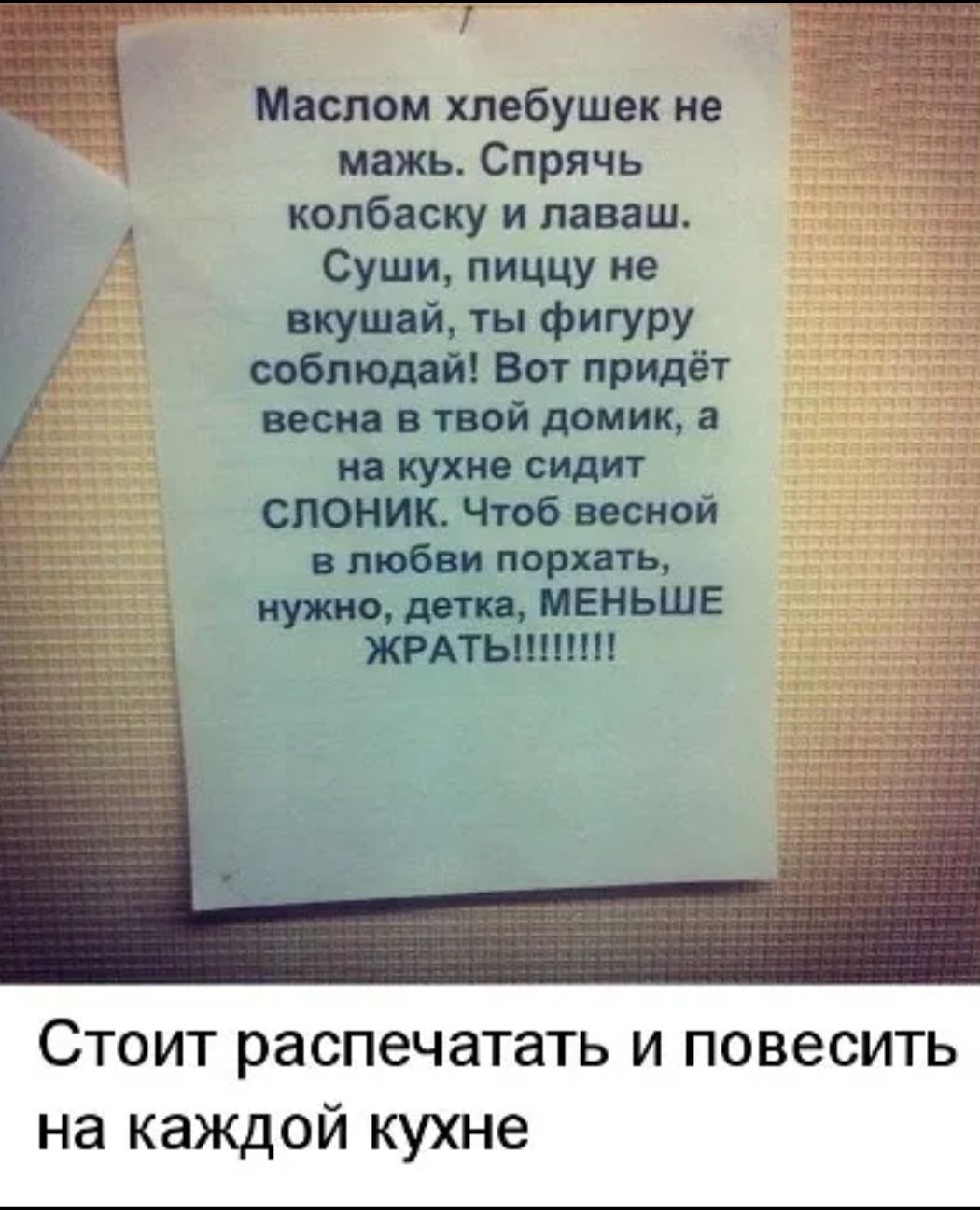 Маспом хлебушвк не мвжь Спрячь колбаску и лаваш Суши пиццу не путай ты Фигуру саблюдайі Вот придёт весна в твой домик 3 и кухні сидит слоник Чтоб весной в любви парить что дати МЕНЬШЕ ЖРАТЫШПН Стоит распечатать и повесить на каждой кухне