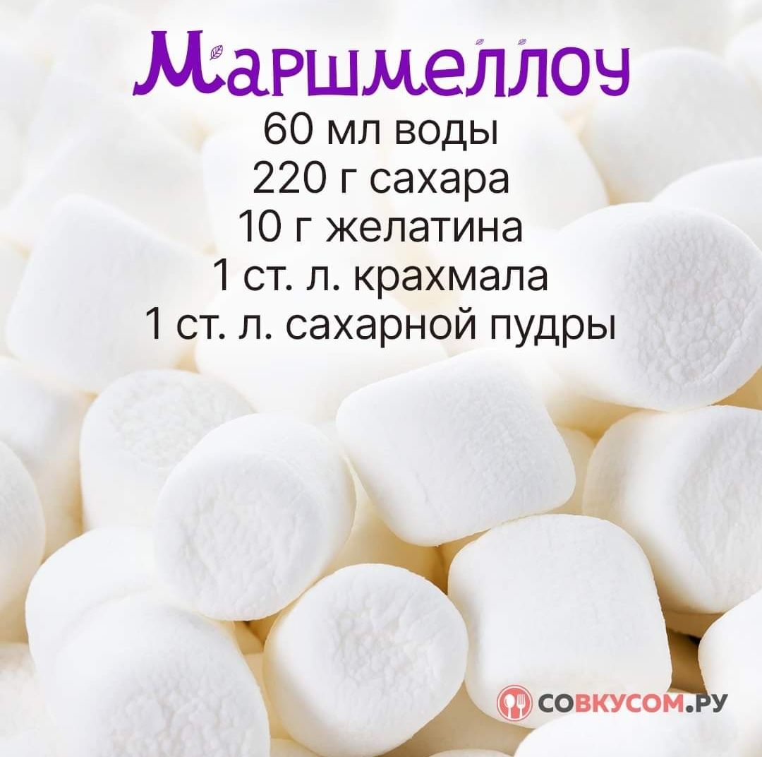 маршмелЛоч 60 мл воды 220 г сахара _ 10 г желатина 1 ст л крахмала 1 стл сахарной пудры я А