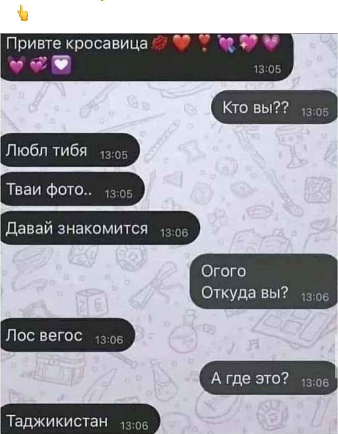 Привте кросавица 💖💖💖💖💜💜💜
Кто вы??
Любл тибя
Тваи фото..
Давай знакомится
Ого
Откуда вы?
Лос вегос
А где это?
Таджикистан