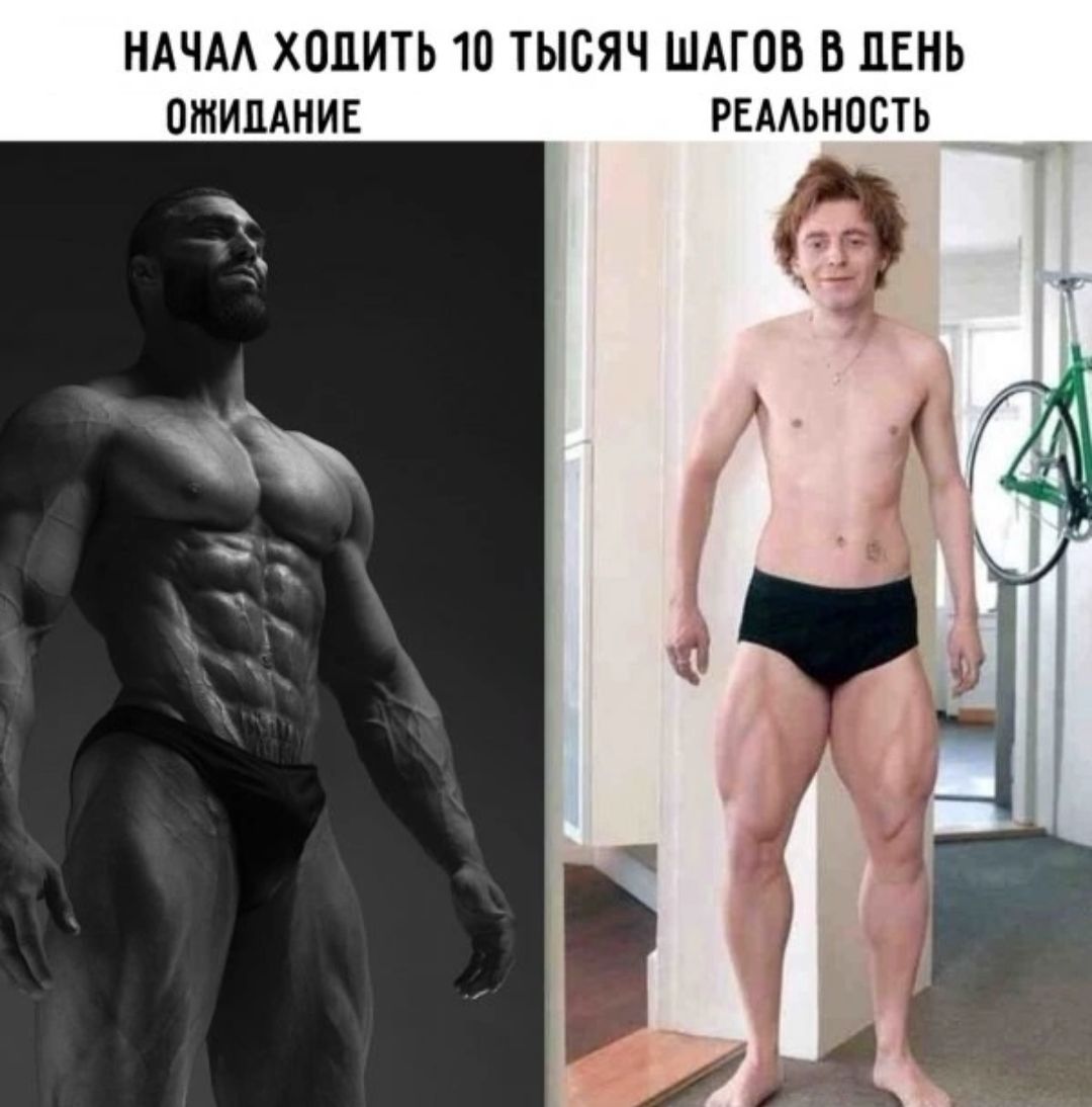 НАЧАЛ ХОДИТЬ 10 ТЫСЯЧ ШАГОВ В ДЕНЬ
ОЖИДАНИЕ
РЕАЛЬНОСТЬ