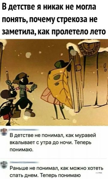 В детстве я никак не могла понять почему стрекоза не заметила как пролетело лето в детстве не понимал как муравей вкалывает утра до ночи Теперь понимаю _ Раньше не понимал как можно хотеть спать днем Теперь понимаю