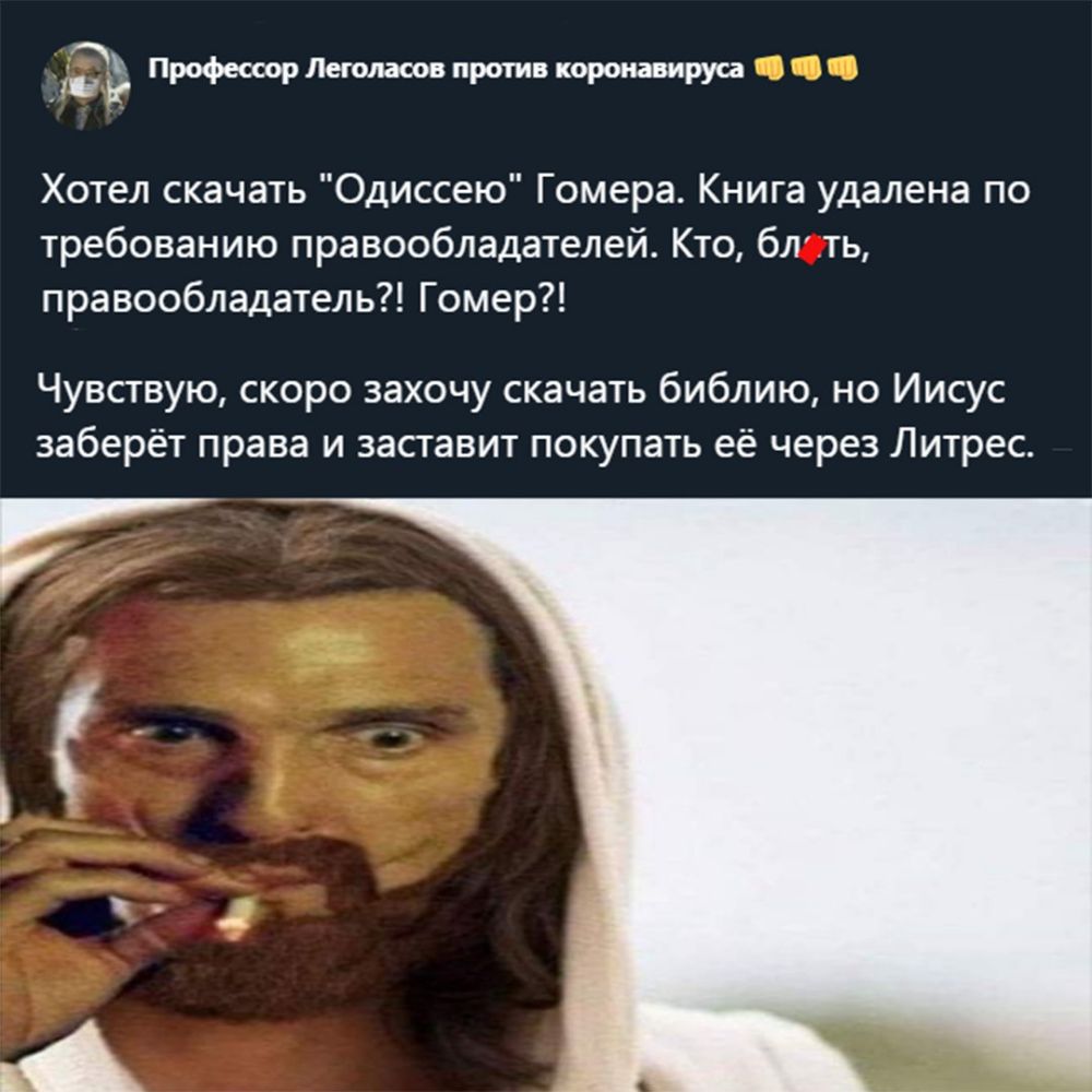 Профессор Легшьаоов против короиавируса Хотел скачать Одиссею Гомера Книга удалена по требованию правообладателей Кто бЛ ть правообладатель Гомер Чувствую скоро захочу скачать библию но Иисус заберёт права и заставит покупать её через Литрес