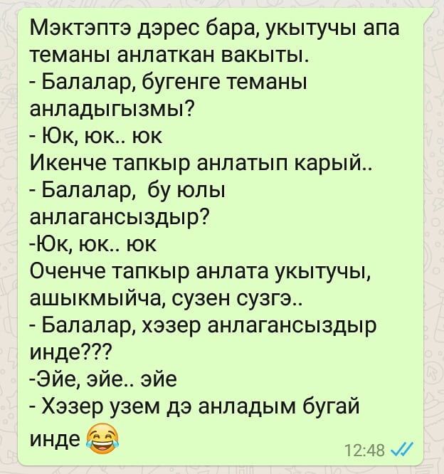 Мэктэптэ дэрес бара укытучы апа теманы анлаткан вакыты Балалар бугенге теманы анпадыгызмы Юк юк юк Икенче тапкыр анлатып карый Балалар бу юлы анпагансыздыр Юк юк юк Оченче тапкыр анлата укытучы ашыкмыйча сузен сузгэ Балалар хэзер анлагансыздыр инде Эйе эйе эйе Хэзер узем дэ анладым бугай инде 1248