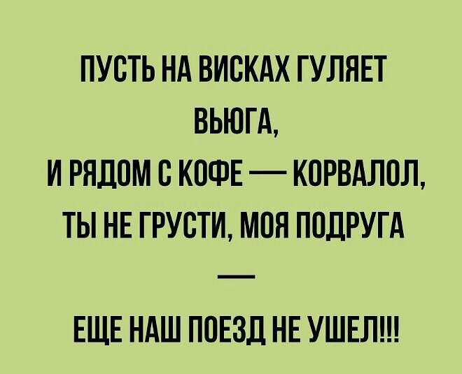 ПУСТЬ НА ВИВКАХ ГУЛЯЕТ ВЬЮГА И РЯДОМ В КОФЕ КОРВАЛПЛ ТЫ НЕ ГРУСТИ МОН ПОДРУГА ЕЩЕ НАШ ПОЕЗД НЕ УШЕЛ
