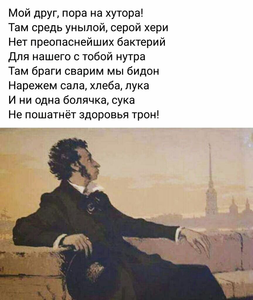 Мой друг пора на хутора Там средь унылой серой хери Нет преопаснейших бактерий для нашего с тобой нутра Там браги сварим мы бидон Нарежем сала хлеба лука И ни одна болячка сука Не пошатнёт здоровья трон