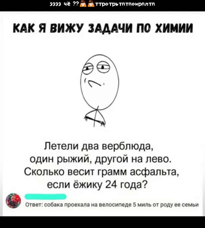эзээ чё Ут ттрьтрьтптпвирпптп КАК Я ВИЖУ ЗАДАЧИ ПО ХИМИИ И Летели два верблюда один рыжий другой на лево Сколько весит грамм асфальта если ёжику 24 года 0 _ Ответ собака проехала на велосипеде 5 миль от роду ее семьи