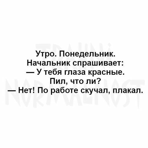 Утро Понедельник Начальник спрашивает У тебя глаза красные Пип что ли Нет По работе скучал плакал