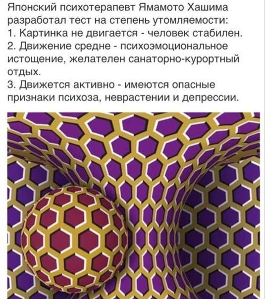 Японский психотерапевт Ямамото Хашима разработал тест на степень утомляемости 1 Картинка не двигается человек стабилен 2 Движение средне психоэмоционапьное истощение желателен санаторно курортный отдых 3 Движется активно имеются опасные признаки психоза неврастении и депрессии