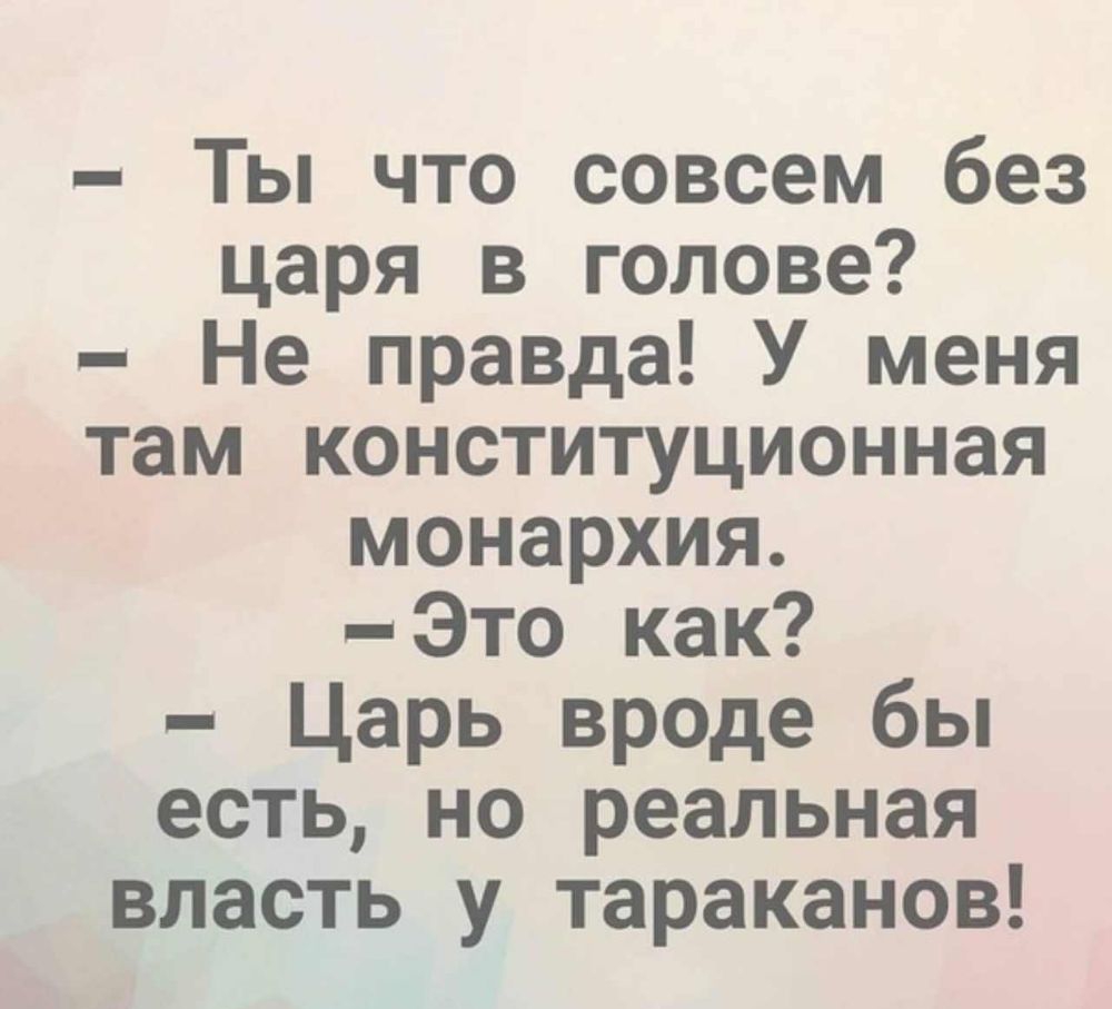 Ты что совсем без царя в голове Не правда У меня там конституционная монархия Это как Царь вроде бы есть но реальная власть у тараканов