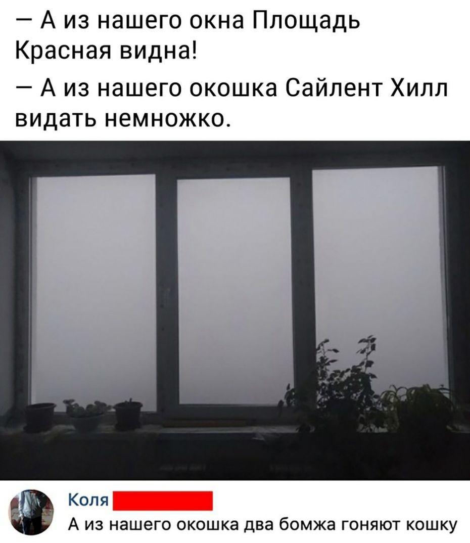 А из нашего окна Площадь Красная видна А из нашего окошка Сайлент Хилл видать немножко Коля А ИЗ нашего ОКОШКЭ два бомжа ГОНЯЮТ КОШКУ