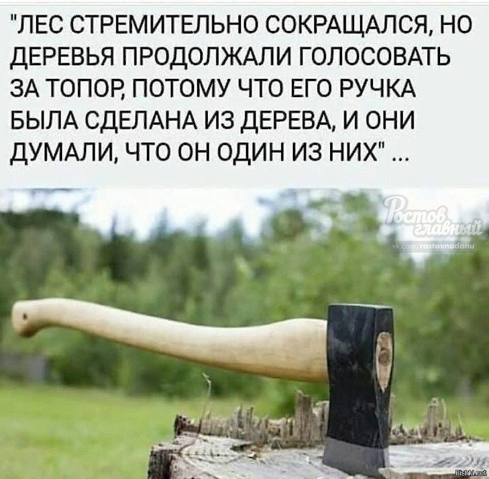 ЛЕС СТРЕМИТЕЛЬНО СОКРАЩАЛСЯ НО ДЕРЕВЬЯ ПРОДОЛЖАЛИ ГОЛОСОВАТЬ ЗА ТОПОР ПОТОМУ ЧТО ЕГО РУЧКА БЫЛА СДЕЛАНА ИЗ ДЕРЕВА И ОНИ ДУМАЛИ ЧТО ОН ОДИН ИЗ НИХ