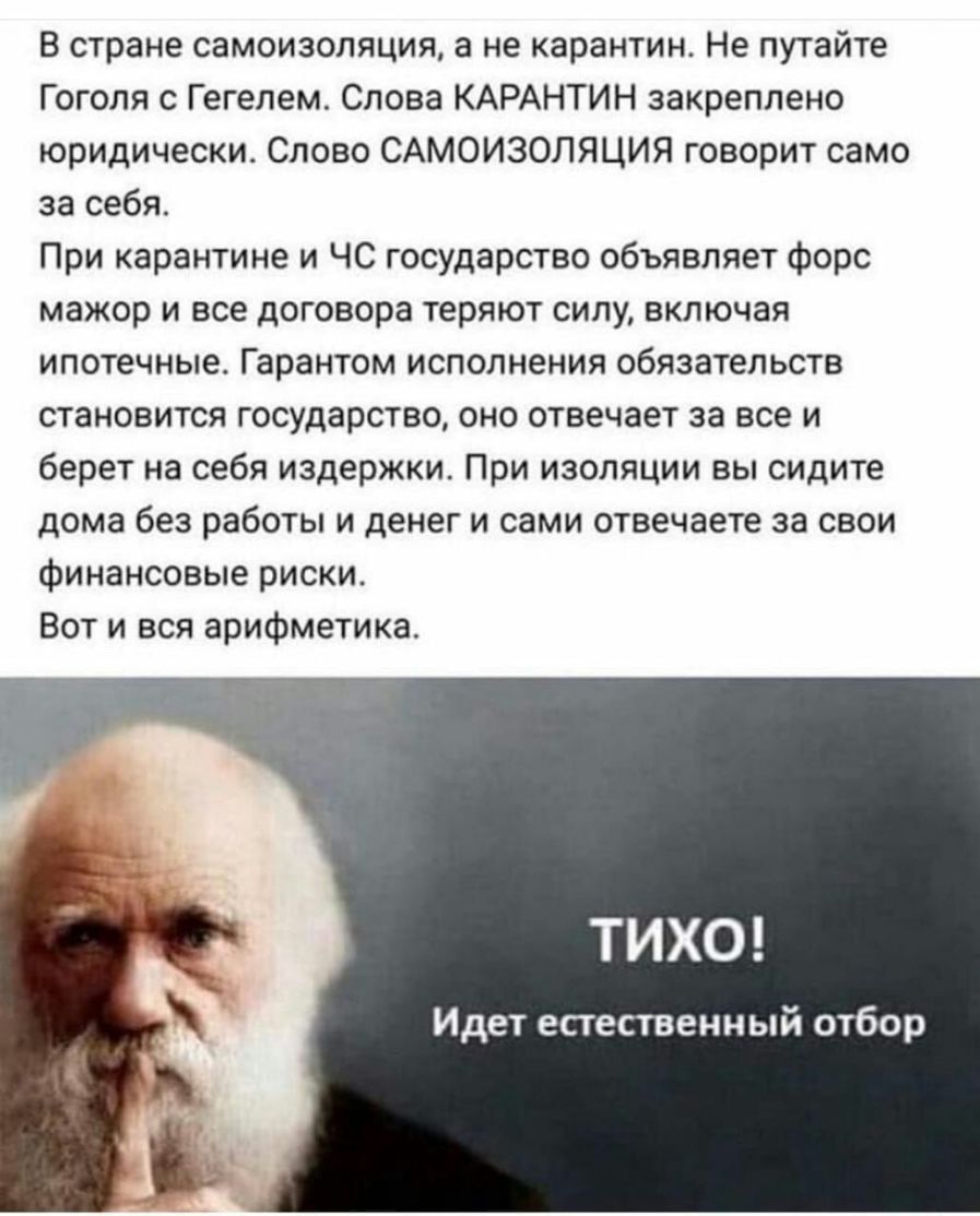 В стране самоизоляция а не карантин Не путайте Гоголя с Гегелем Слова КАРАНТИН закреплено юридически Слово САМОИЗОЛЯЦИЯ говорит само за себя При карантине и ЧС государство объявляет форс мажор и все договора теряют силу включая ипотечные Гарантом исполнения обязательств становится государство оно отвечает за все и берет на себя издержки При изоляции вы сидите дома без работы и денег и сами отвечае