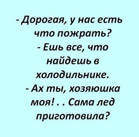 Дорогая у нас есть что пожрать Ешь все что найдешь в холодильнике Ах ты хозяюшка моя Сама лед приготовила