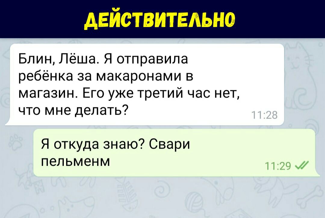 Блин Лёша Я отправила ребёнка за макаронами в магазин Его уже третий час нет что мне делать Я откуда знаю Свари пепьменм 329