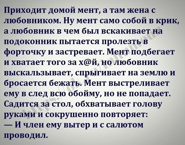 Приходит домой мент а там жена с любовником Ну мент само собой в крик а любовник в чем был вскакивает на подоконник пытается пролезть в форточку и застревает Мент подбегает и хватает того за хй но любовник выскальзывает спрыгивает на землю и бросается бежать Мент выстреливает ему в след всю обойму но не попадает Садится за стол обхватывает голову руками и сокрушенно повторяет И член ему вытер и с 