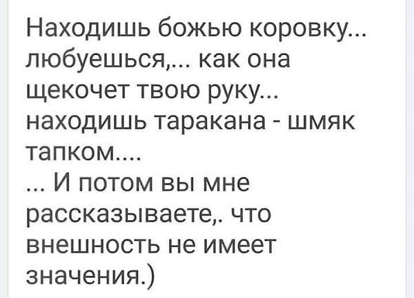 Находишь божью коровку любуешься как она щекочет твою руку находишь таракана шмяк тапком И потом вы мне рассказываете что внешность не имеет значения
