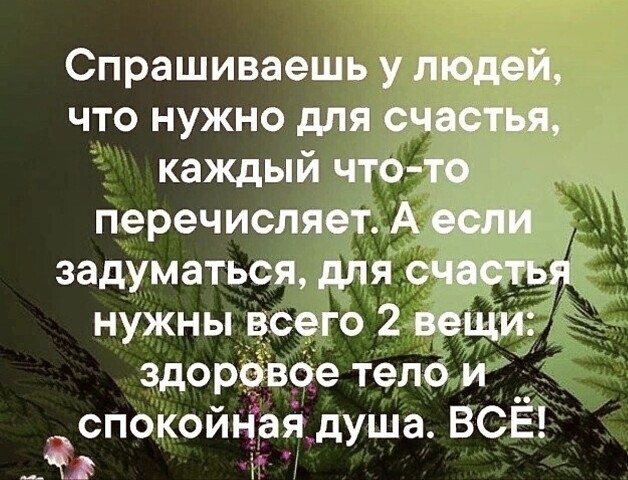 Спрашиваешь у людей что нужно для счастья каждый что тв перечисляет А задуматься для нужны всего 2 вещи здоров9е тело и спокойная душа ВСЁ ___Ё і