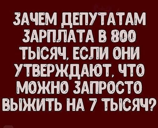 ЗАЧЕМ дЕПУТАТАМ ЗАРПЛАТА 800 ТЫСЯЧ ЕСЛИ ОНИ УТПЕРЖДАЮТ ЧТО МОЖНО ЗАПРОСТО ВЫЖИТЬ НА 7 ТЫСЯЧ