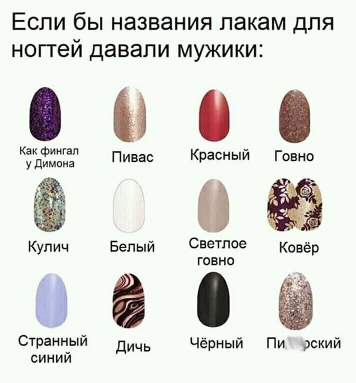 Если бы названия пакам для ногтей давали мужики 0000 кагда Пивас Красный Говно Кулич Белый Светлое говно Странный Чёрный Пи рский СИНИЙ