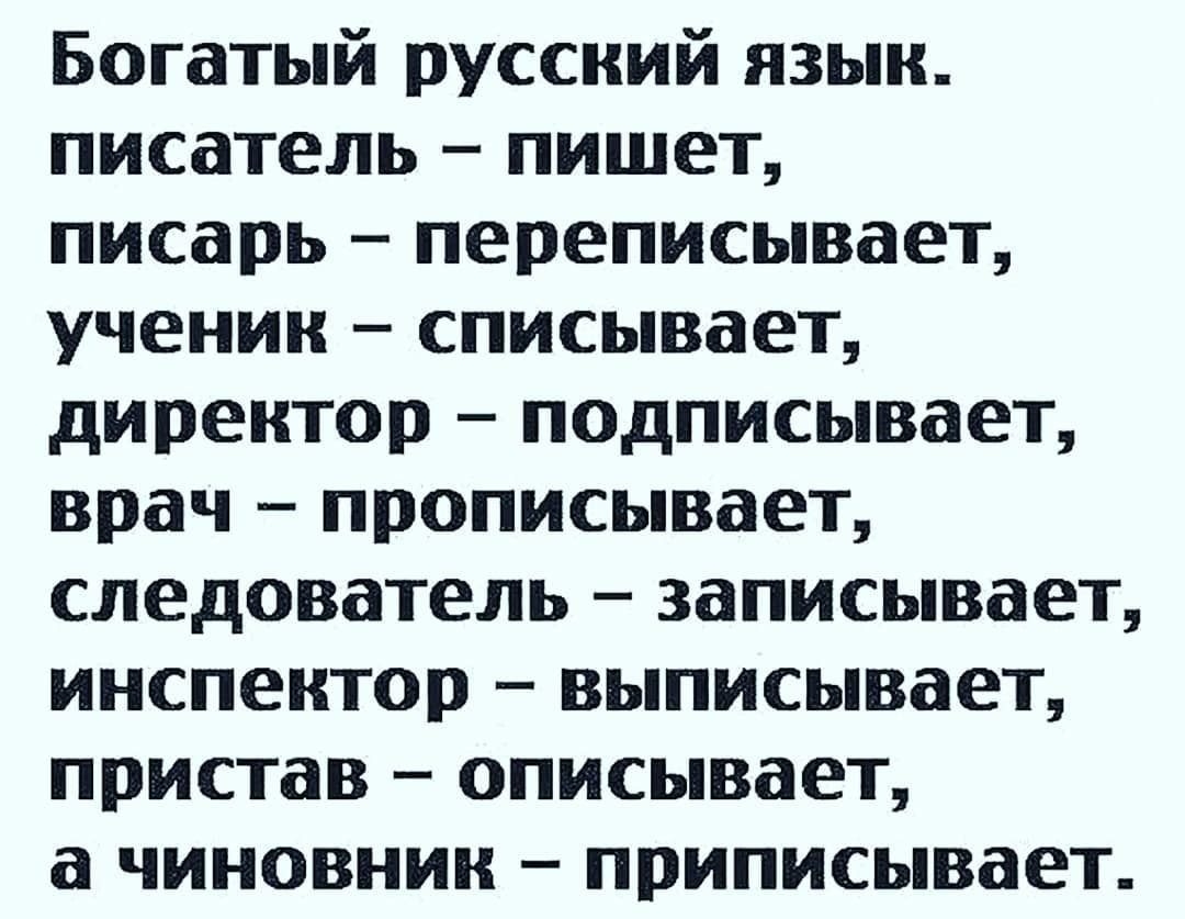 Богатый русский язык писатель пишет писарь переписывает ученик списывает директор подписывает врач прописывает следователь записывает инспектор выписывает пристав описывает а чиновник приписывает