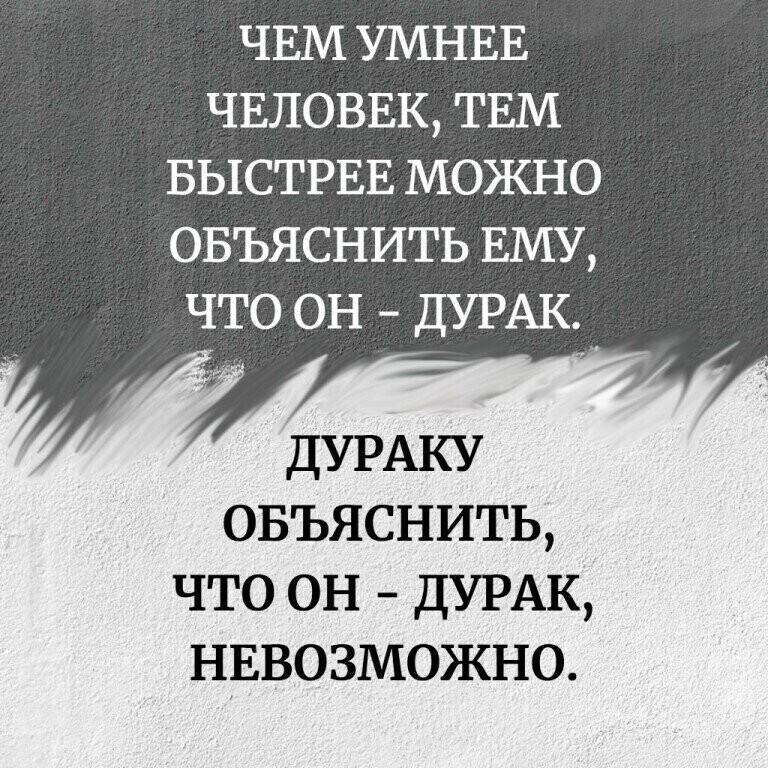 ЧЕМ УМНЕЕ ЧЕЛОВЕК ТЕМ БЫСТРЕЕ МОЖНО ОБЪЯСНИТЬ ЕМУ ЧТО ОН ДУРАК ДУРАКУ ОБЪЯСНИТЬ что он ДУРАК НЕВОЗМОЖНО