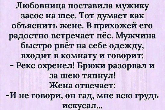 Любовница поставила мужику засос на шее Тот думает как объяснить жене В прихожей его радостно встречает пёс Мужчина быстро рвёт на себе одежду входит в комнату и говорит Рекс охренел Брюки разорвал и за шею тяпнул Жена отвечает И не говори он гад мне всю грудь искусал
