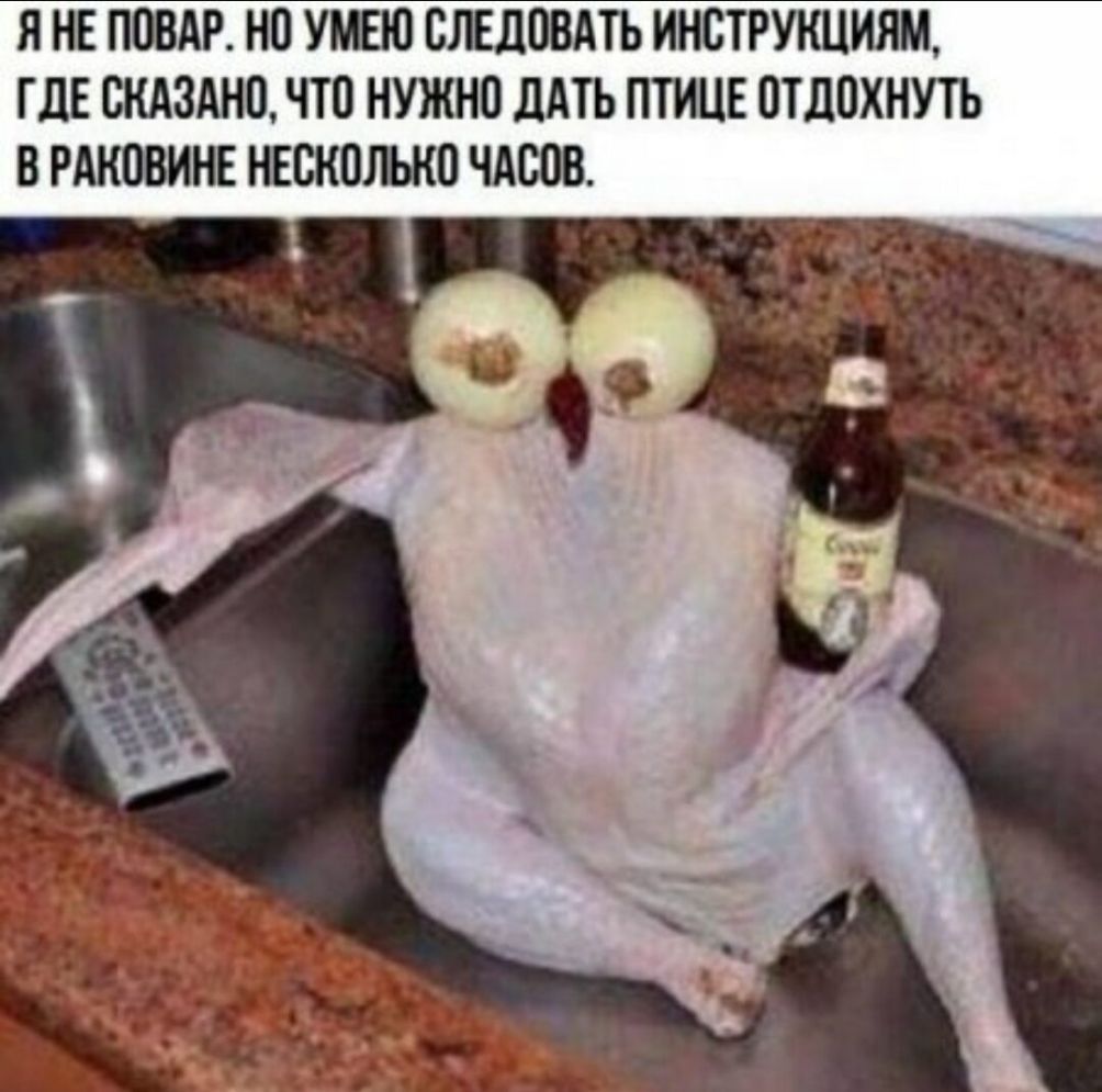 Я НЕ ПОВАР НО УМЕЮ СЛЕДОВАТЬ ИНСТРУКЦИЯМ ГДЕ ВНАЗАНО ЧТО НУЖНО дАТЬ ПТИЦЕ ОТДОХНУТЬ В РАНОВИНЕ НЕСКОЛЬКО ЧАСОВ