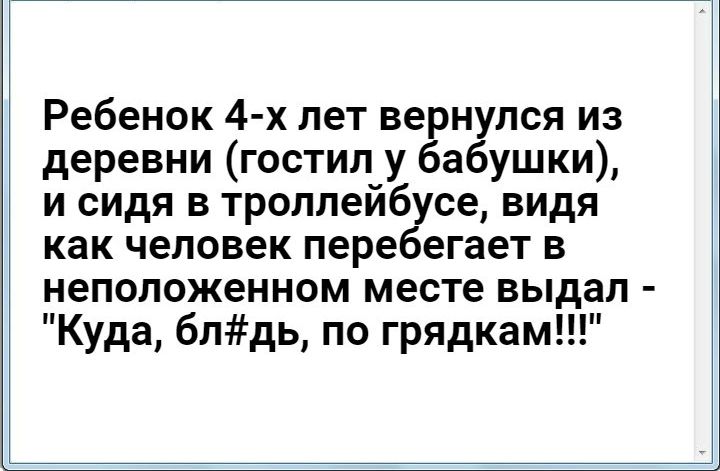 Ребенок 4 х лет вернулся из деревни гостил у бабушки и сидя в троллейбусе видя как человек перебегает в неположенном месте выдал Куда блдь по грядкам