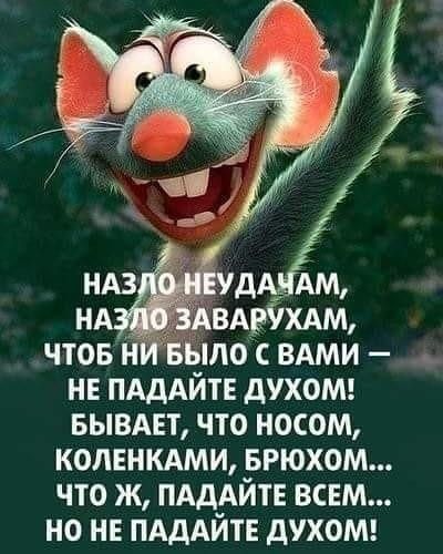 ЧТОБ Н БЫЛО ВАМИ НЕ ПАДАЙТЕ ДУХОМ БЫВАЕТ ЧТО НОСОМ КОЛЕНКАМИ БРЮХОМ ЧТО Ж ПАДАЙТЕ ВСЕМ НО НЕ ПАДАЙТЕ дУХОМ