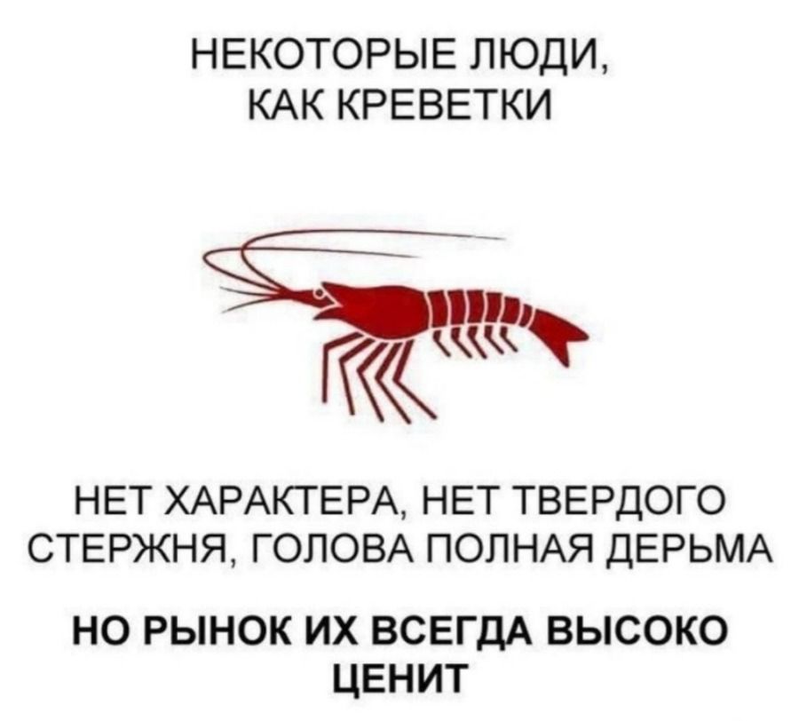 НЕКОТОРЫЕ ЛЮДИ,
КАК КРЕВЕТКИ
НЕТ ХАРАКТЕРА, НЕТ ТВЕРДОГО СТЕРЖНЯ, ГОЛОВА ПОЛНАЯ ДЕРЬМА
НО РЫНКА ИХ ВСЕГДА ВЫСОКО ЦЕНИТ