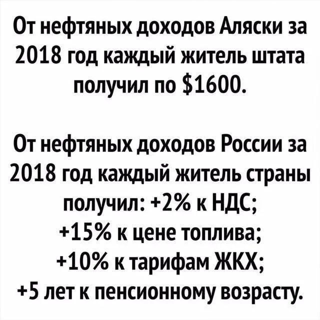 0т нефтяных доходов Аляски за 2018 год каждый житель штата получил по 1600 От нефтяных доходов России за 2018 год каждый житель страны получил 2 к НДС 15 к цене топлива 10 к тарифам ЖКХ 5 лет к пенсионному возрасту